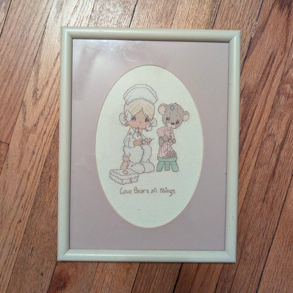 Vintage Precious Moments Love Bears All Things Framed Cross Stitch Nursery Art
